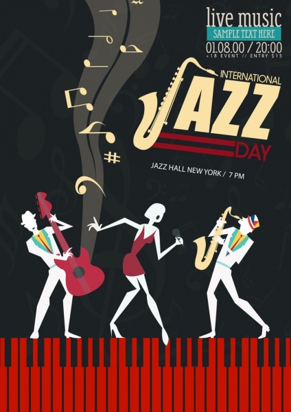les icônes de la musique jazz bannière sur fond sombre notes