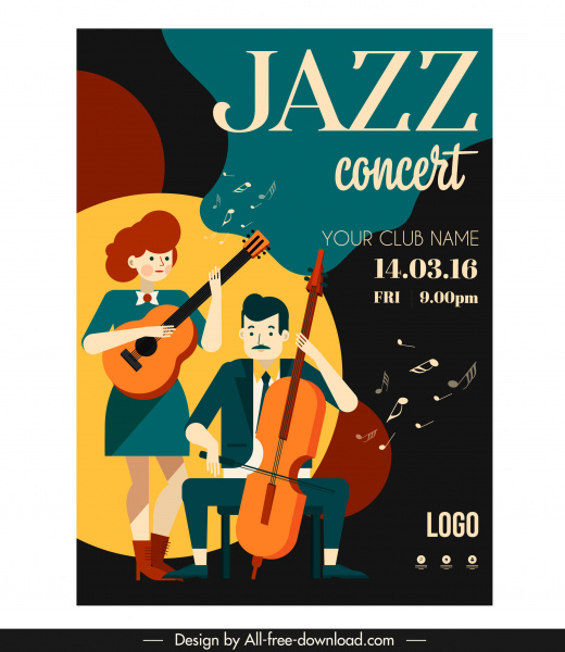 jazz concierto cartel guitarristas iconos personajes de dibujos animados sketch