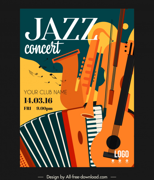 konser jazz poster instrumen sketsa warna-warni datar klasik