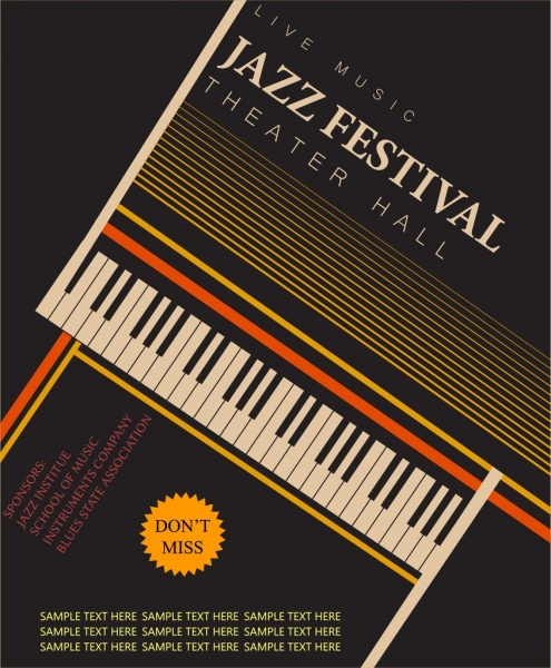 Jazz festival banner hitam desain piano keyboard ikon