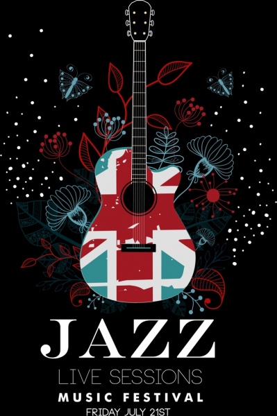 Jazz festival banner bunga ikon gelap desain gitar