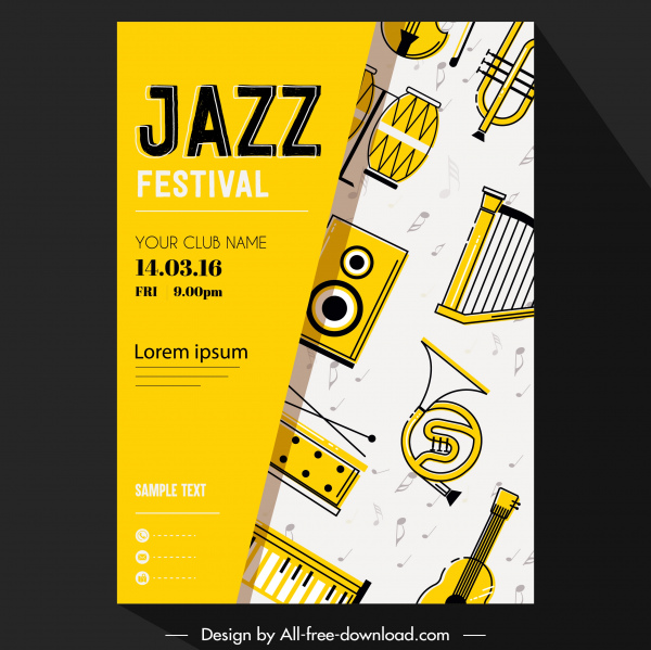 festival de jazz banner instrumentos iconos decoración clásica plana