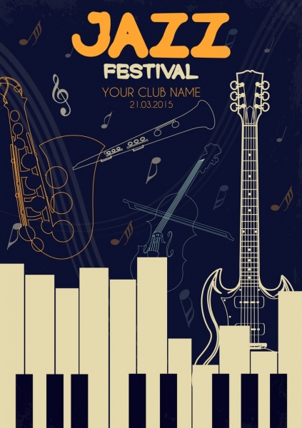 Festival de jazz de instrumentos musicales decoracion Bandera iconos