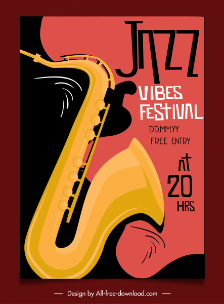 Cartel del Festival de Jazz Boceto de instrumentos clásicos oscuros