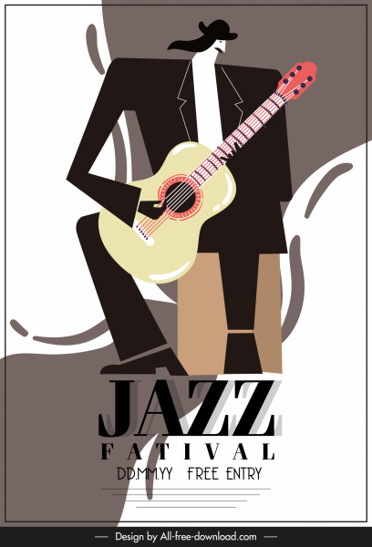 爵士音樂節海報復古經典設計吉他手素描