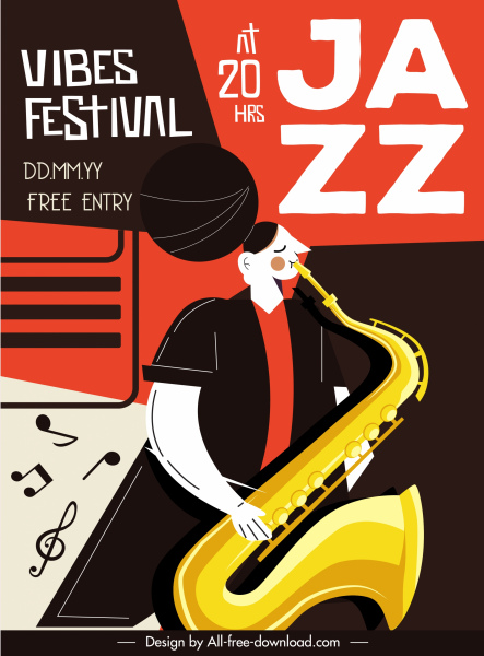caz festival afiş renkli düz klasik trompet kroki