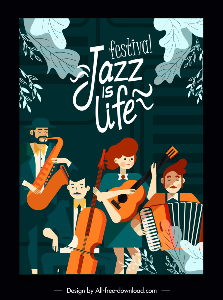 jazz festivo banner orquesta boceto personajes de dibujos animados