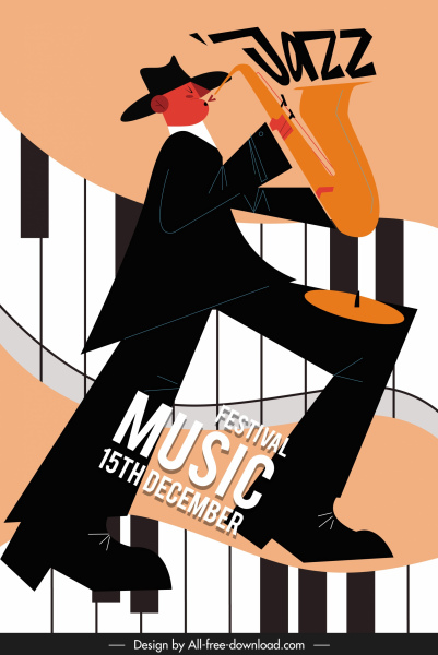 jazz festivo cartel saxofonista teclado boceto diseño clásico
