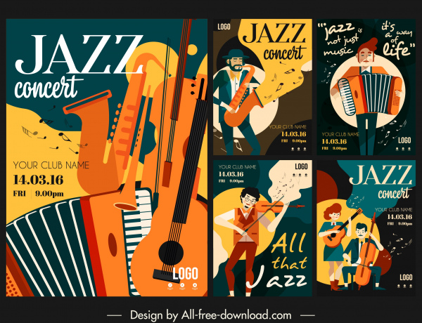 cartazes festivos de jazz coloridos instrumentais clássicos esboço
