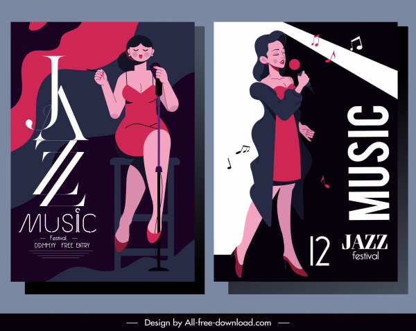 musik jazz banner Lady penyanyi sketsa desain klasik