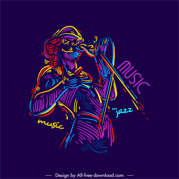 ícone da música jazz retro colorido esboço desenhado à mão