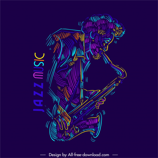 ikon musik jazz saxophonist sketsa warna-warni handdrawn klasik