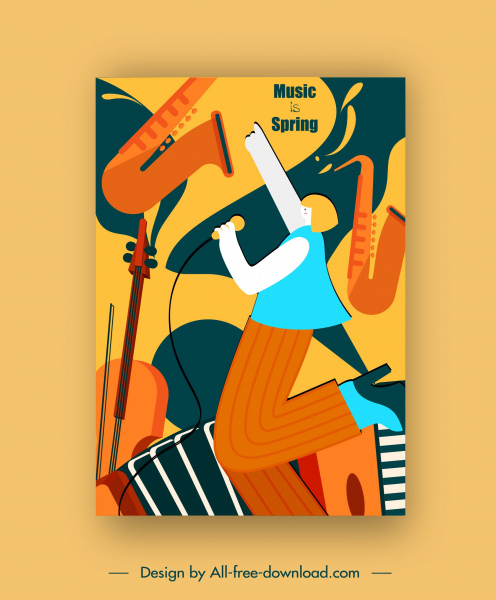 cartel de música jazz colorido instrumentos planos cantante sketch