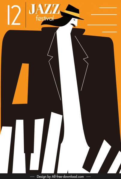 爵士音乐海报男子钢琴键盘平面素描