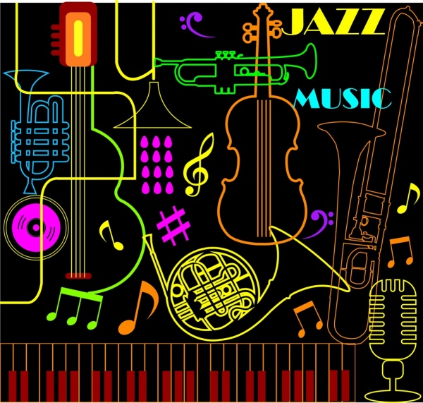 alat musik jazz latar belakang neon warna-warni dekorasi