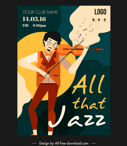 재즈 파티 포스터 바이올리니스트 아이콘 다채로운 클래식 디자인
