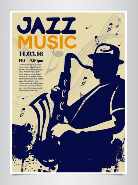cartaz de jazz saxofone jogador silhueta música notas decoração