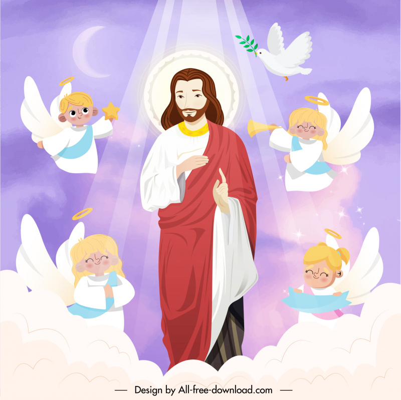yesus kristus di surga dengan malaikat latar belakang template desain kartun lucu