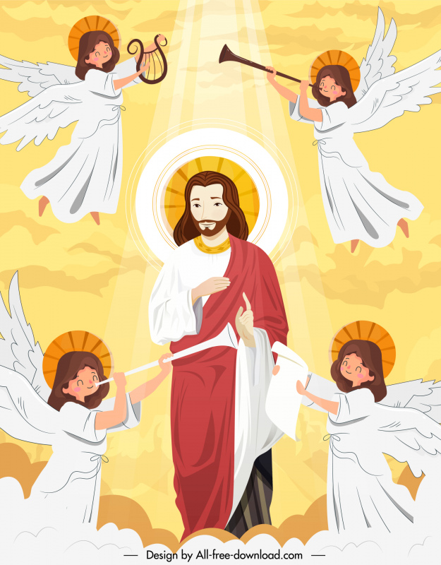 स्वर्गदूतों पृष्ठभूमि टेम्पलेट सुरुचिपूर्ण कार्टून डिजाइन के साथ स्वर्ग में यीशु मसीह