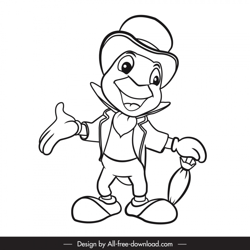Jiminy 크리켓 아이콘 블랙 화이트 스케치 손으로 그린 만화 캐릭터 Jiminy 크리켓 아이콘 블랙 화이트 스케치 손으로 그린 만화 캐릭터
