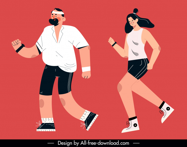 jogging iconos de deportes hombre mujer sketch diseño de dibujos animados