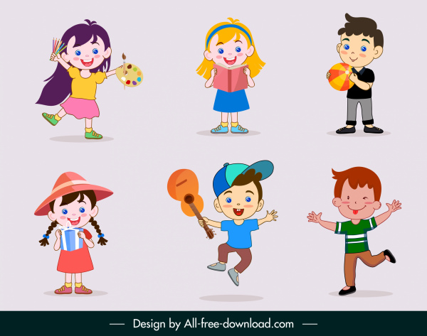 gioiosi bambini icone carino personaggi dei cartoni animati schizzo