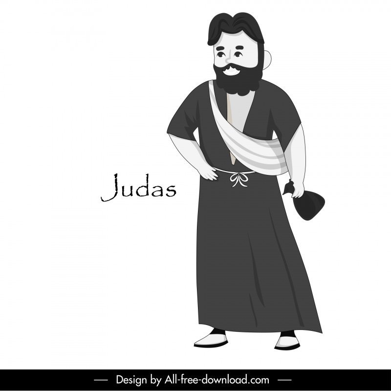 Judas Apóstol Cristiano Icono Negro Blanco Vintage Dibujos animados Esquema del personaje