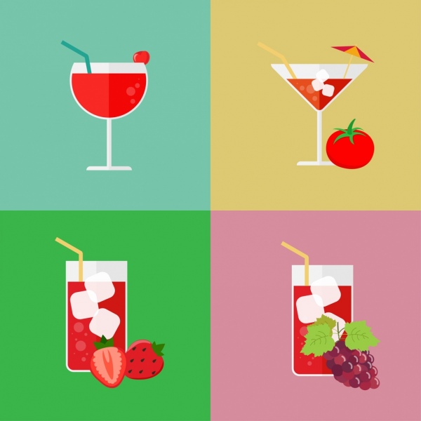 Iconos diferentes frutas decoracion colorida coctel de jugo de aislamiento