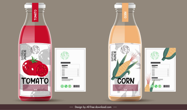 Saft-Label-Vorlagen Tomaten Mais Skizze flache Dekor
