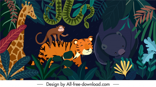 ジャングル背景カラフルな動物のキャラクタースケッチ