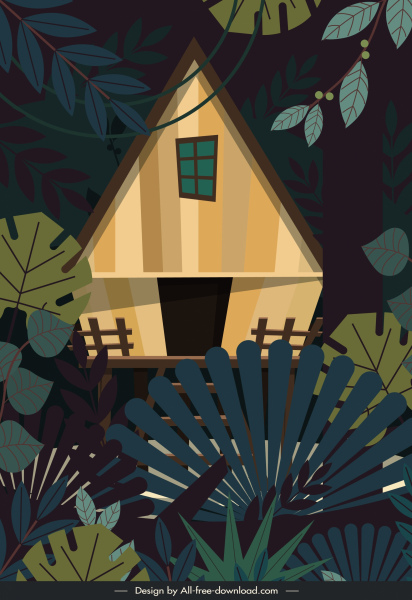 叢林小屋繪畫彩色經典設計