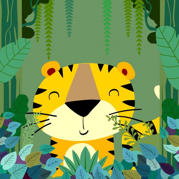 叢林中的繪圖程式化的老虎圖標五彩卡通設計