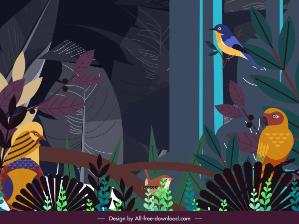 lukisan hutan warna-warni gelap pohon burung dekorasi
