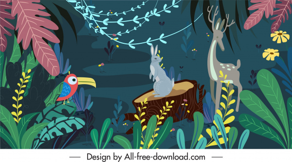 lukisan hutan warna-warni tanaman hewan sketsa desain klasik