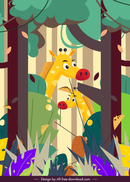 丛林画长颈鹿树素描卡通设计