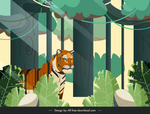 hutan lukisan pohon harimau sketsa warna-warni desain klasik