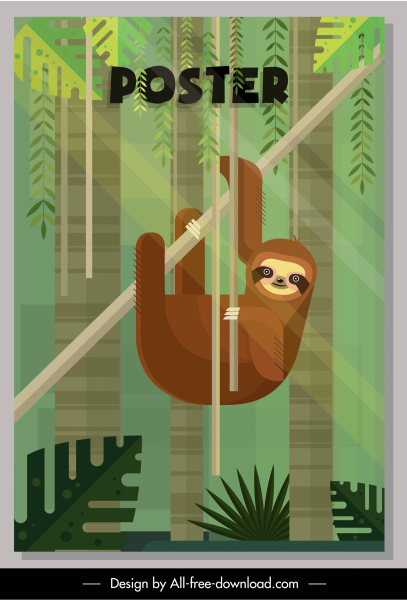 plakat dżungli lenistwo zwierzę szkic płaski kolorowy wystrój