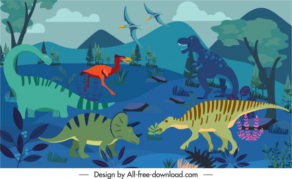 ジュラ紀の背景野生の恐竜種スケッチ漫画のデザイン