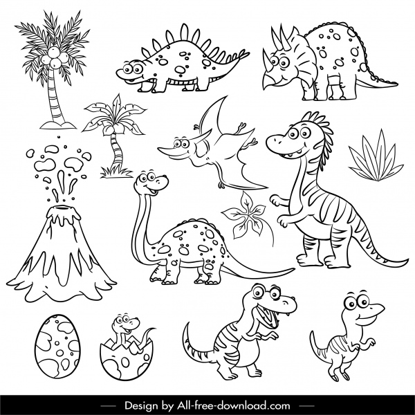 elementi di design giurassico disegnato a mano dinosauro albero vulcano schizzo