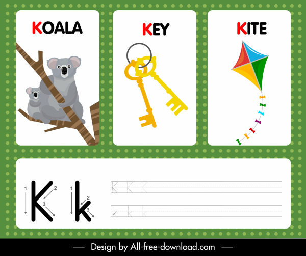 k alfabeto modelo de aprendizado coala chave kite sketch