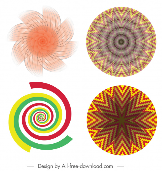 caleidoscopio iconos simétrico ilusoria espiral remolinado decoración