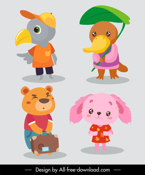 детские животные иконки милые стилизованные мультяшные персонажи эскиз