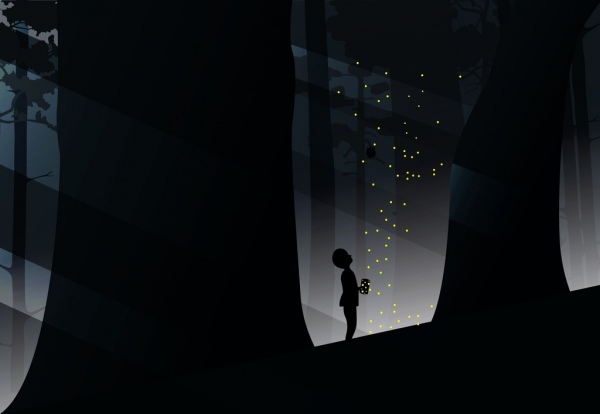 Rapaz pegando a firefly in forest background silhouette style