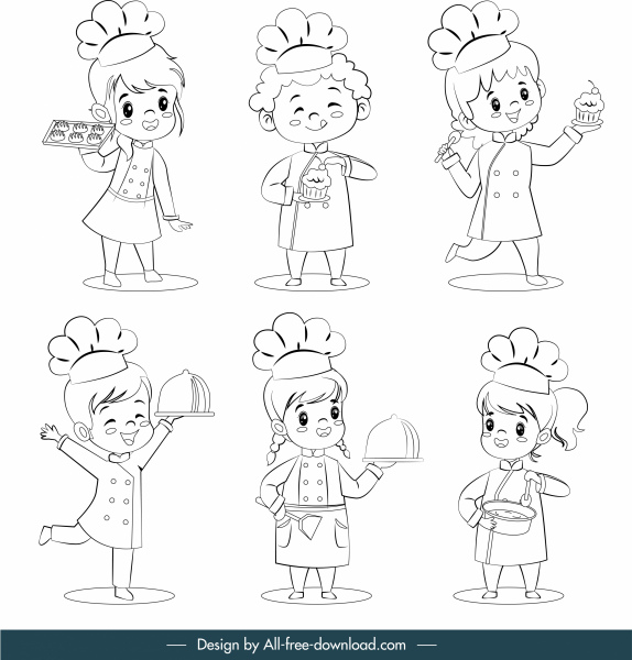 criança cozinha ícones bonitos personagens de desenho animado esboço desenhado à mão