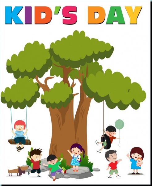 bandiera di giorno del bambino icone colorate bambini allegri del fumetto