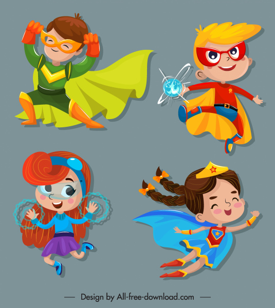 ícones do herói do miúdo esboço bonito dos caráteres dos desenhos animados