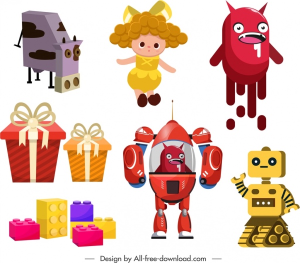 enfants jouets icônes colorés objets contemporains croquis