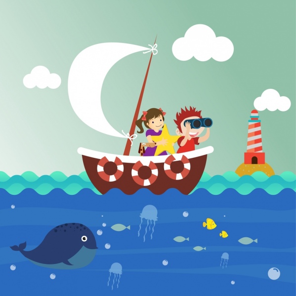 anak-anak latar belakang berlayar spesies laut ikon kartun desain