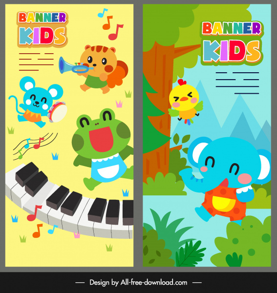 estilização de animais crianças banner colorido bonito dos desenhos animados