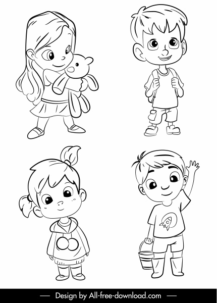 Kids Icons Cute Cartoon Sketch Black White Handdrawn-vector People-free  Vector Free Download